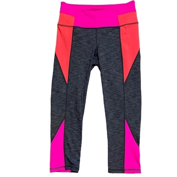 ATHLETA Grey Neon Pink Orange Crop Leggings - Picture 1 of 3